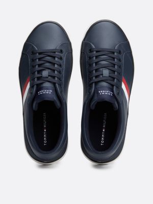 zapatillas de piel con suela dentada fina azul de hombres tommy hilfiger