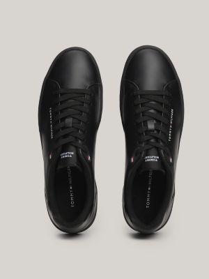 schwarz court-ledersneaker mit th-monogrammen für herren - tommy hilfiger