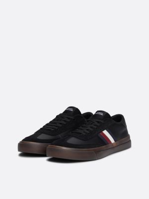 black leather signature tape lace-up trainers for men tommy hilfiger