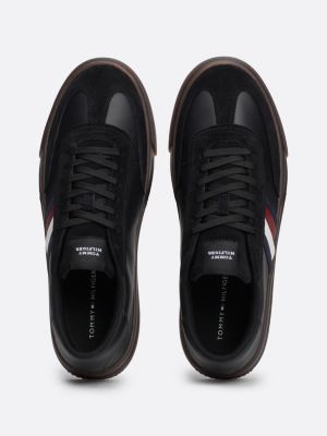 black leather signature tape lace-up trainers for men tommy hilfiger