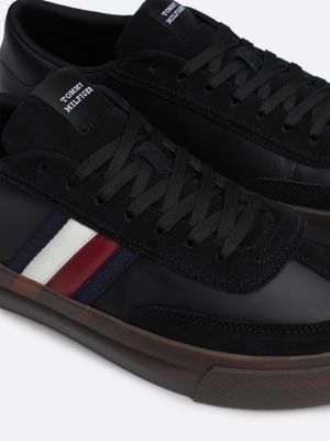 baskets en cuir à lacets et bande emblématique noir pour hommes tommy hilfiger