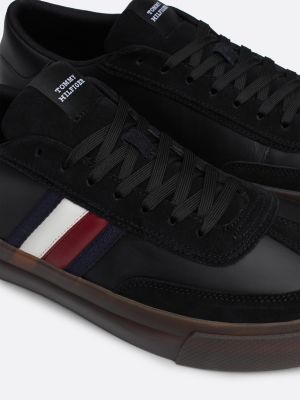 black leather signature tape lace-up trainers for men tommy hilfiger