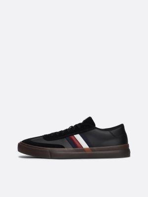 black leather signature tape lace-up trainers for men tommy hilfiger