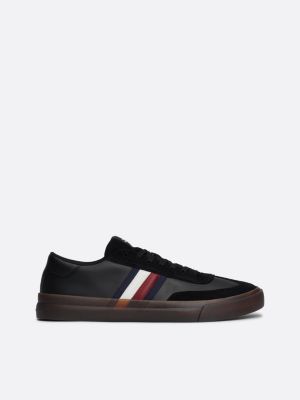 black leather signature tape lace-up trainers for men tommy hilfiger