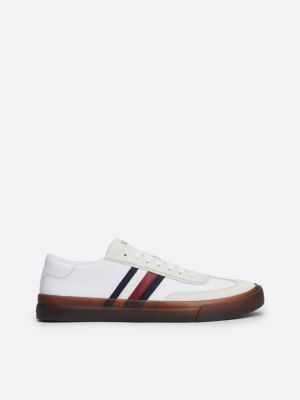 white leather signature tape lace-up trainers for men tommy hilfiger