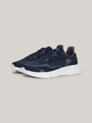 blue suede logo debossed runner trainers for men tommy hilfiger