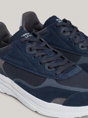 blue suede logo debossed runner trainers for men tommy hilfiger