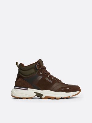 brown suede mid-top cleat runner trainers for men tommy hilfiger