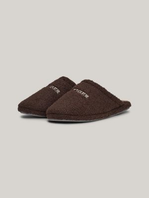 brown fleece logo embroidery slippers for men tommy hilfiger