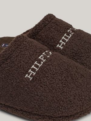 brown fleece logo embroidery slippers for men tommy hilfiger