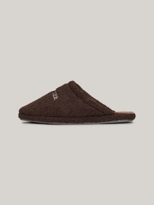 slipper in sherpa con logo ricamato marrone da uomini tommy hilfiger