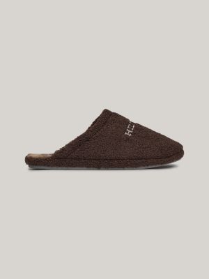 slipper in sherpa con logo ricamato brown da uomini tommy hilfiger