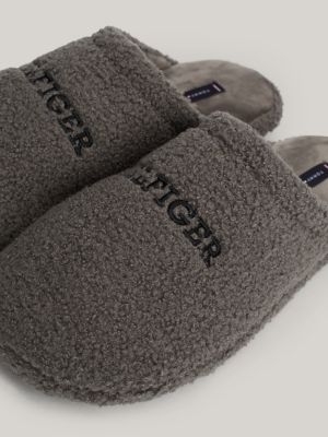 slipper in sherpa con logo ricamato grigio da uomini tommy hilfiger