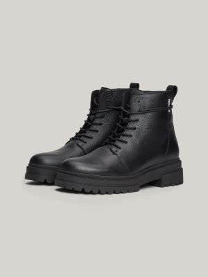 black textured leather lace-up cleat ankle boots for men tommy hilfiger