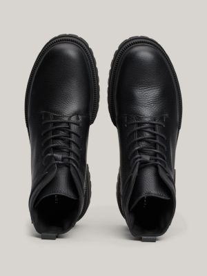 black textured leather lace-up cleat ankle boots for men tommy hilfiger