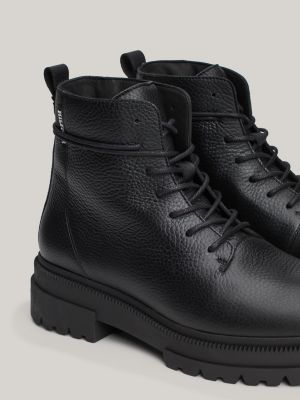 black textured leather lace-up cleat ankle boots for men tommy hilfiger