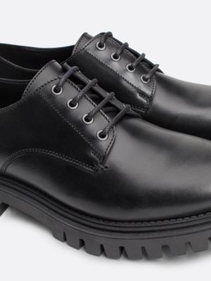 black water repellent leather cleat derby shoes for men tommy hilfiger