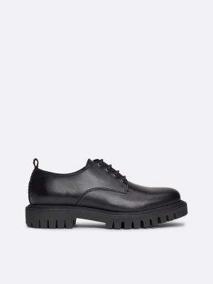 black water repellent leather cleat derby shoes for men tommy hilfiger