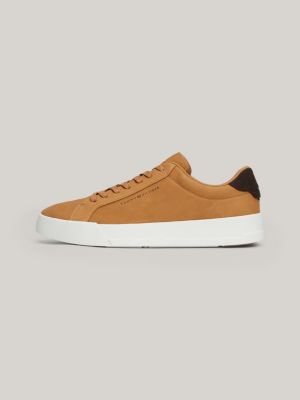 brown leather court trainers for men tommy hilfiger