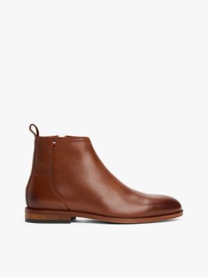 brown leren chelsea boot met ritssluiting voor heren - tommy hilfiger