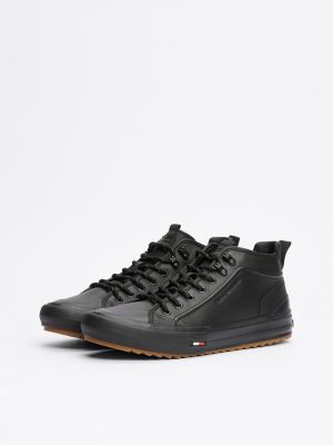 black leather cleat mid-top trainers for men tommy hilfiger