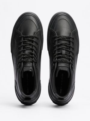 black leather cleat mid-top trainers for men tommy hilfiger