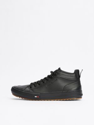 black leather cleat mid-top trainers for men tommy hilfiger