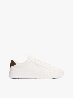 beige leather contrast heel court trainers for men tommy hilfiger