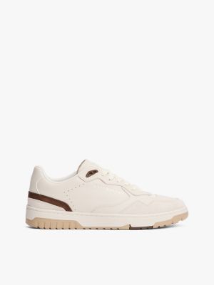 beige leather mixed texture basketball trainers for men tommy hilfiger