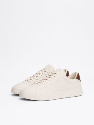 beige leather textured court trainers for men tommy hilfiger