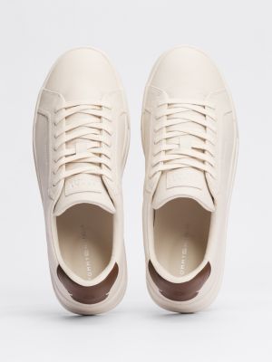 beige leather textured court trainers for men tommy hilfiger