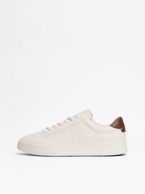 beige leather textured court trainers for men tommy hilfiger