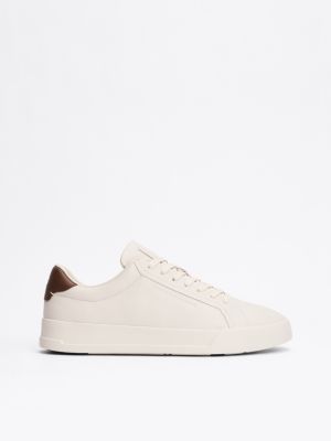 beige leather textured court trainers for men tommy hilfiger