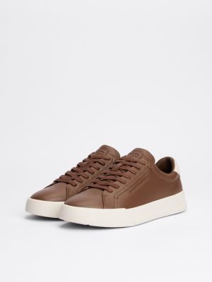 brown leather textured court trainers for men tommy hilfiger