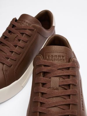 brown leather textured court trainers for men tommy hilfiger