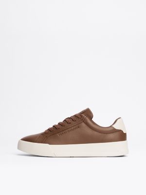 brown leather textured court trainers for men tommy hilfiger