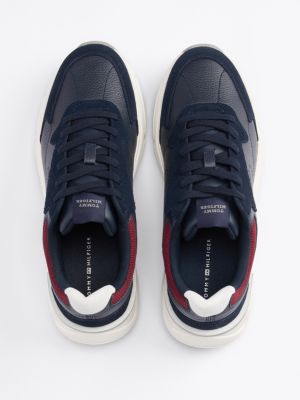 blauw leren sneaker met gemengde texturen voor heren - tommy hilfiger