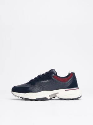 blauw leren sneaker met gemengde texturen voor heren - tommy hilfiger