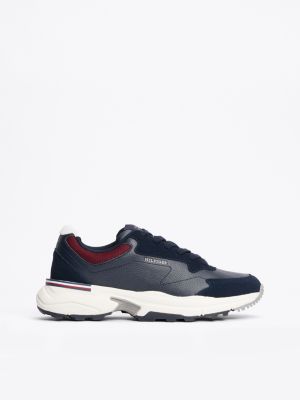 sneakers in pelle con mix di texture blue da uomini tommy hilfiger