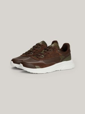 brown leather mixed texture runner trainers for men tommy hilfiger