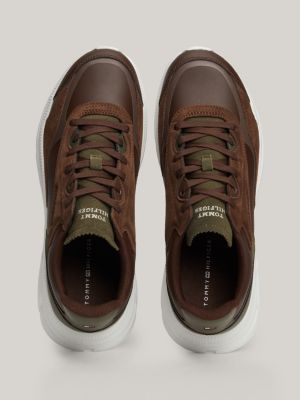 brown leather mixed texture runner trainers for men tommy hilfiger