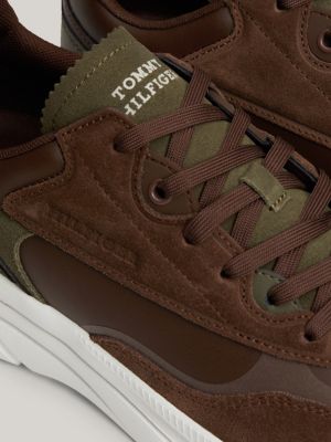 brown leather mixed texture runner trainers for men tommy hilfiger