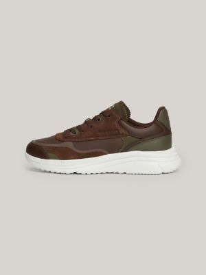 brown leather mixed texture runner trainers for men tommy hilfiger