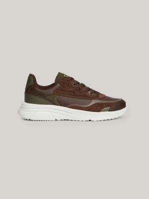 brown leather mixed texture runner trainers for men tommy hilfiger