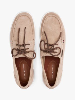 beige lace-up suede hybrid boat shoes for men tommy hilfiger