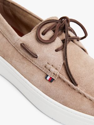 beige lace-up suede hybrid boat shoes for men tommy hilfiger