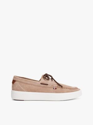 beige lace-up suede hybrid boat shoes for men tommy hilfiger