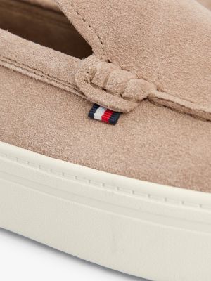 beige signature slip-on suede loafers for men tommy hilfiger