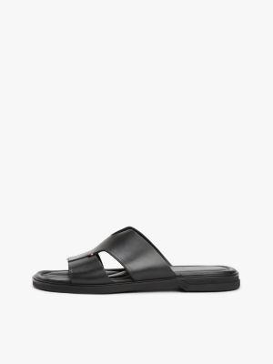 schwarz slipper-ledersandale mit cut-out am riemen für herren - tommy hilfiger