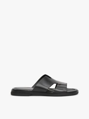 schwarz slipper-ledersandale mit cut-out am riemen für herren - tommy hilfiger